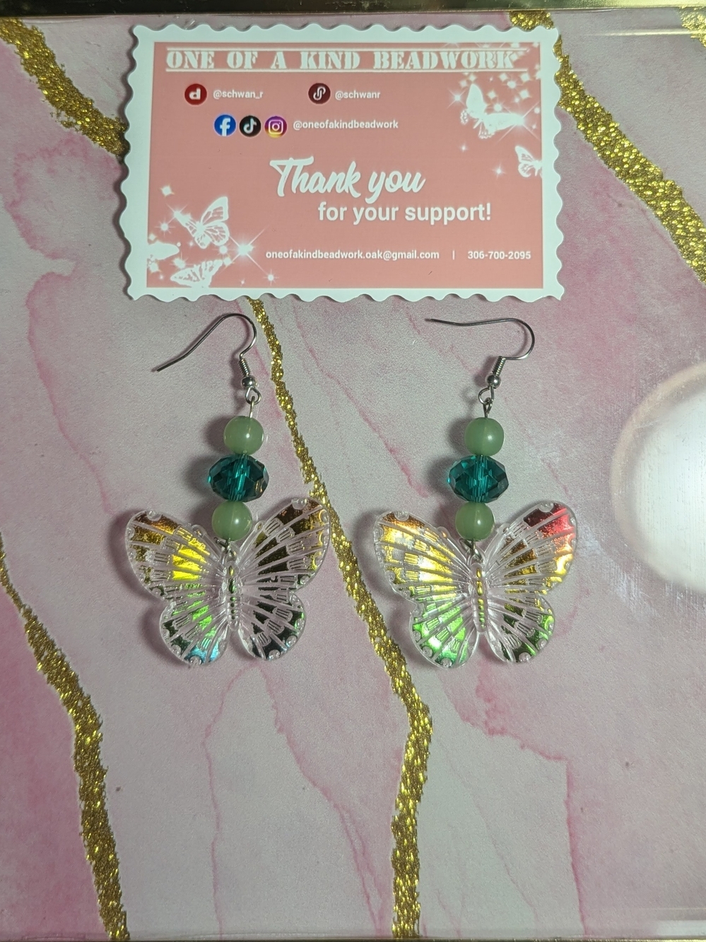 One of a Kind Beadwork Green Iridescent Butterfly Dangle Earrings